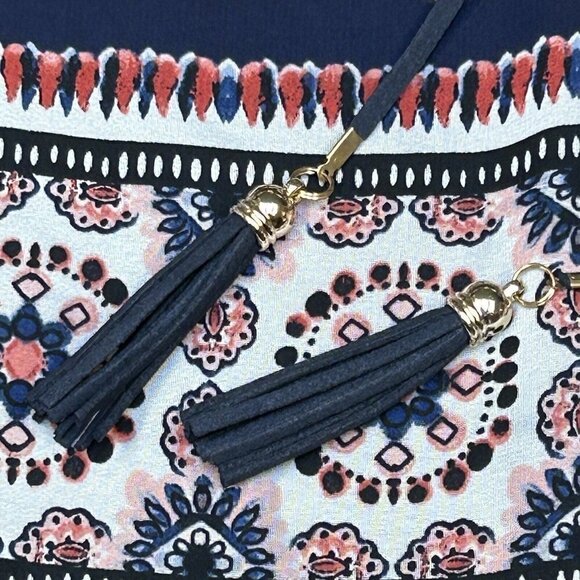 Vince Camuto Dress 10 Shift Tassels Bell Sleeves Navy Blue Pink Floral Boho - Picture 6 of 11